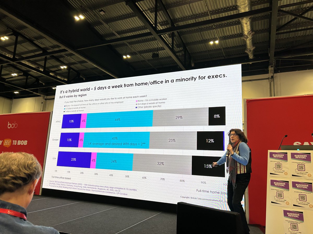 StrongZoestrong's tweet photo. Great to hear @DocNicola from @bt_uk speak about  the future workplace and it's challenges:
Hybrid working - great for recruiting talent, but what about sustainbility?
Cloud, collaboration and connectivity worked for Covid, but what about culture? 
#CWE23 @pogo_health https://t.co/scyFgzZnAM