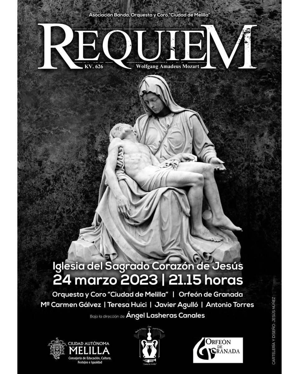La Asociación Banda de Música, Orquesta Sinfónica y Coro “Ciudad de Melilla” ofrecerá el próximo viernes 24 de marzo a las 21:15 horas el “Réquiem de Mozart”.
#concierto #Melilla <a href="/l_circe/">Elena Fernández Treviño</a>