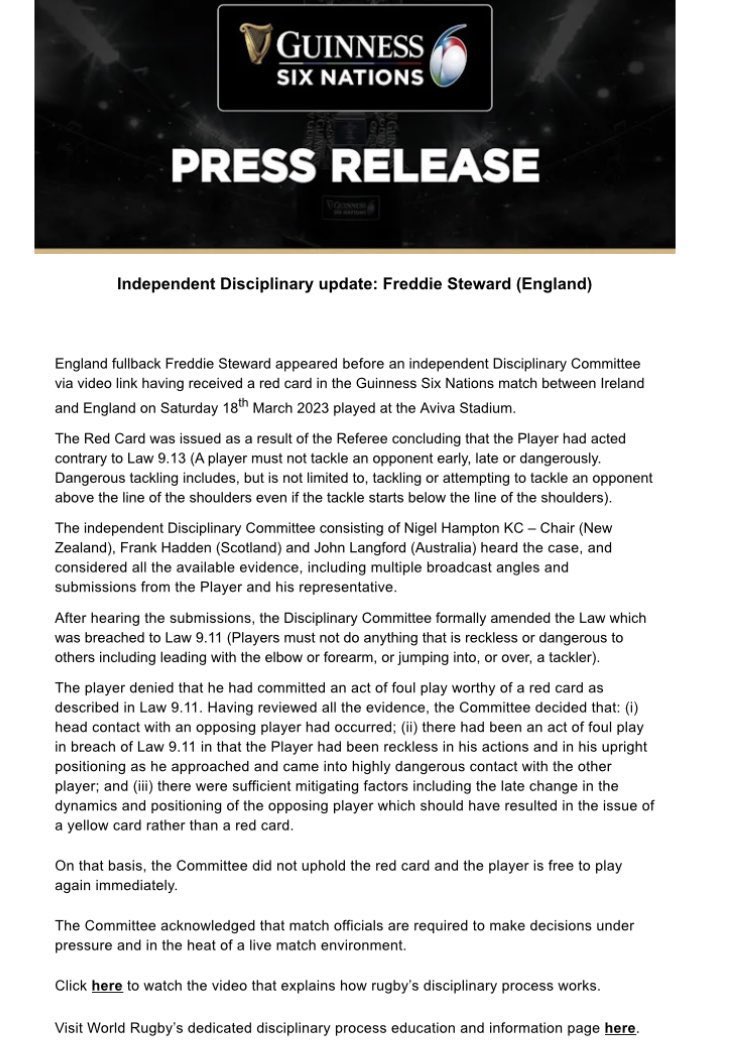 The right outcome. Every sensible rugby person would have had no issue with yellow. Sadly this probably had an impact on the game, but there is no doubt in my mind that <a href="/IrishRugby/">Irish Rugby</a> would have been victorious regardless and are worthy grand slam champions 👏👏
