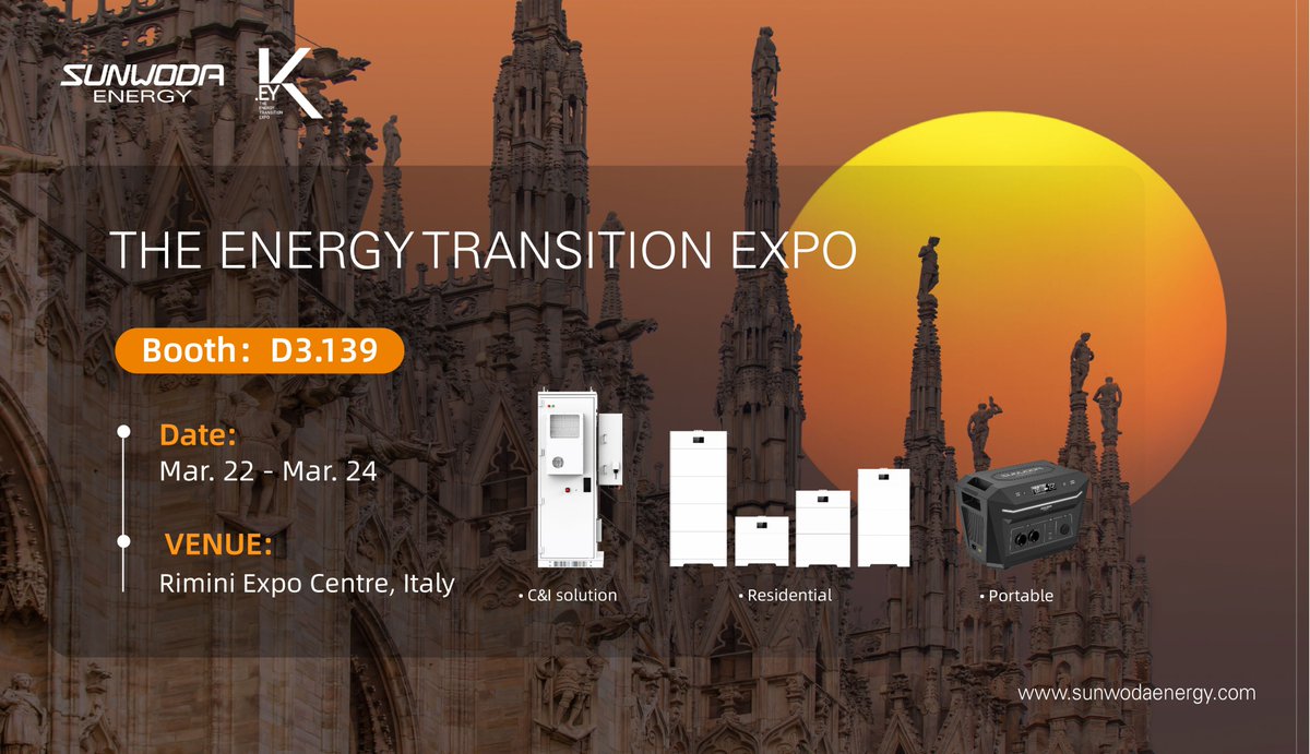 SunwodaE's tweet photo. The Energy Transition Expo will be held at Rimini Expo Centre, Italy from Mar. 22 to 24, and Sunwoda Energy is going to showcase its residential energy storage system at booth D3.139. https://t.co/nU2qDRtseI