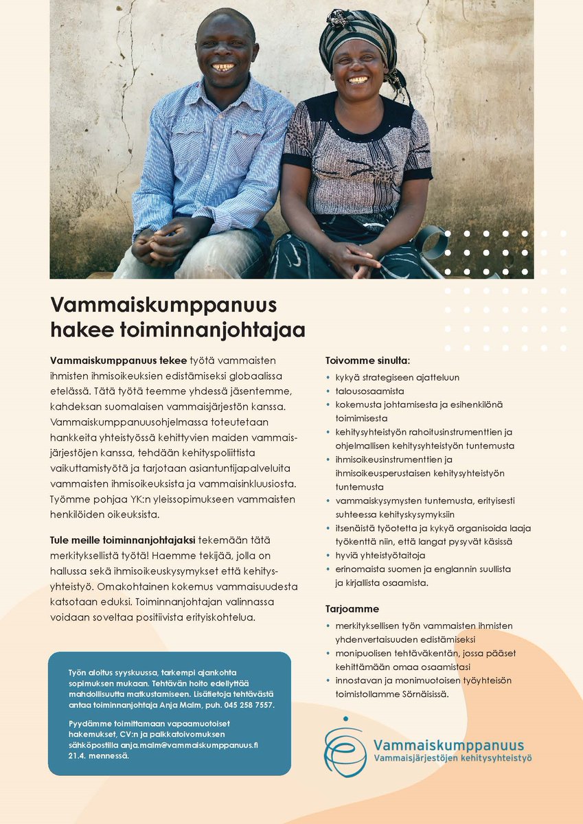 Haemme toiminnanjohtajaa nykyisen eläköityessä syksyllä. Tule tekemään merkityksellistä työtä monimuotoisessa työyhteisössämme! #vammaiset #ihmisoikeudet #yhdenvertaisuus
Ilmoitus tekstinä kommenteissa alla.