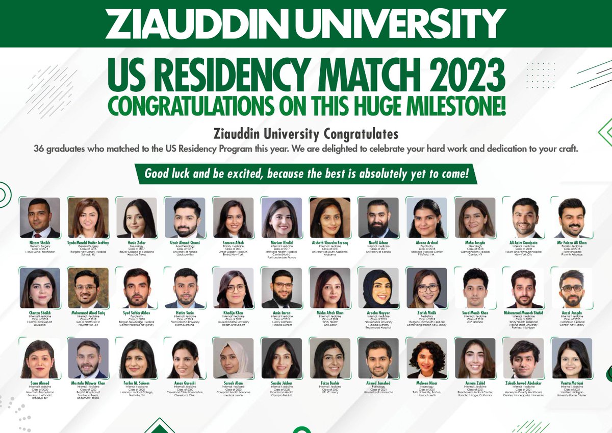 ZMCAlumni's tweet photo. Congratulations to all who have matched this cycle from Ziauddin Medical College 👏🏼 
#Match2023 #MatchDay2023 #alumni #ziauddinmedicalcollege #ziauddinuniversity https://t.co/eShyW1ugDY