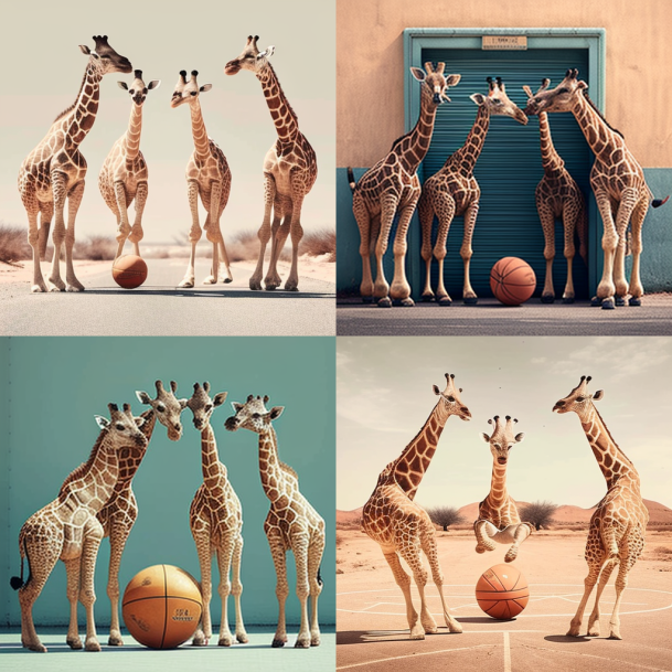 KESintl's tweet photo. Believe it or not: These images were generated by an AI program in seconds using just 4 text prompts! 

The command "4 giraffes playing basketball" produced on #Midjourney... Revolutionary AI tool or Exploiting Creatives? 

https://t.co/DmY1cGd4Wr https://t.co/F8vNBK4NtA