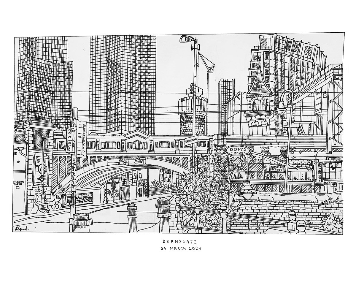 Deansgate, Manchester. Ink on A3 paper.

#lineart #drawing #art #artist #pleinair #sketch #drawingoftheday #manchester #manchesterartwork #manchesterartist #castlefield #artwork #originalart #drawings #deansgate