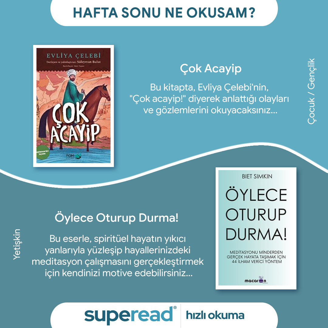 Hafta sonu okuyabileceğiniz kitap önerilerini "Hafta Sonu Ne Okusam?" bölümünden bulabilirsiniz!

#okumak #reading #haftasonu #weekend #kitapönerisi