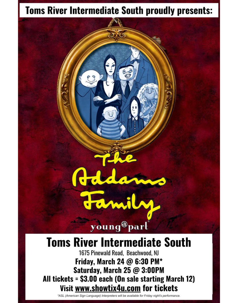 School shows start today!😁
Come see us this weekend - “The Addams Family” musical at Intermediate South! 
These kids are crazy talented, the show is hilarious and the music is epic. 
Don’t miss out 🙌 🌝 🧪 🔮🎵 <a href="/wearetrschools/">Toms River Regional Schools</a> <a href="/my3peasinapod2/">@caseydaniel</a>