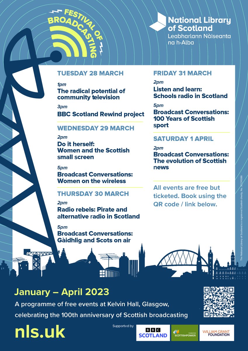 natlibscot's tweet photo. Interested in the whats, wheres, hows and whys of TV and Radio in Scotland? 

We've got events featuring Scotland's broadcasters next week at Kelvin Hall, Glasgow. Entry is free but ticketed, with a limited allocation. 

Book now > https://t.co/sJ3o3AdzDA

#FestivalofBroadcasting https://t.co/Q71ByXfG6N