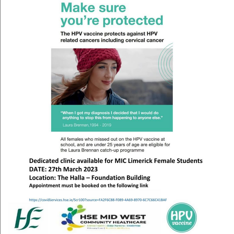 Laura Brennan catch-up HPV vaccination clinic (female students only) on our Limerick campus.

Monday 27 March 2023.

Venue: An Hálla, Foundation Building.

Appointment required: covidservices.hse.ie/Scr100?source=…