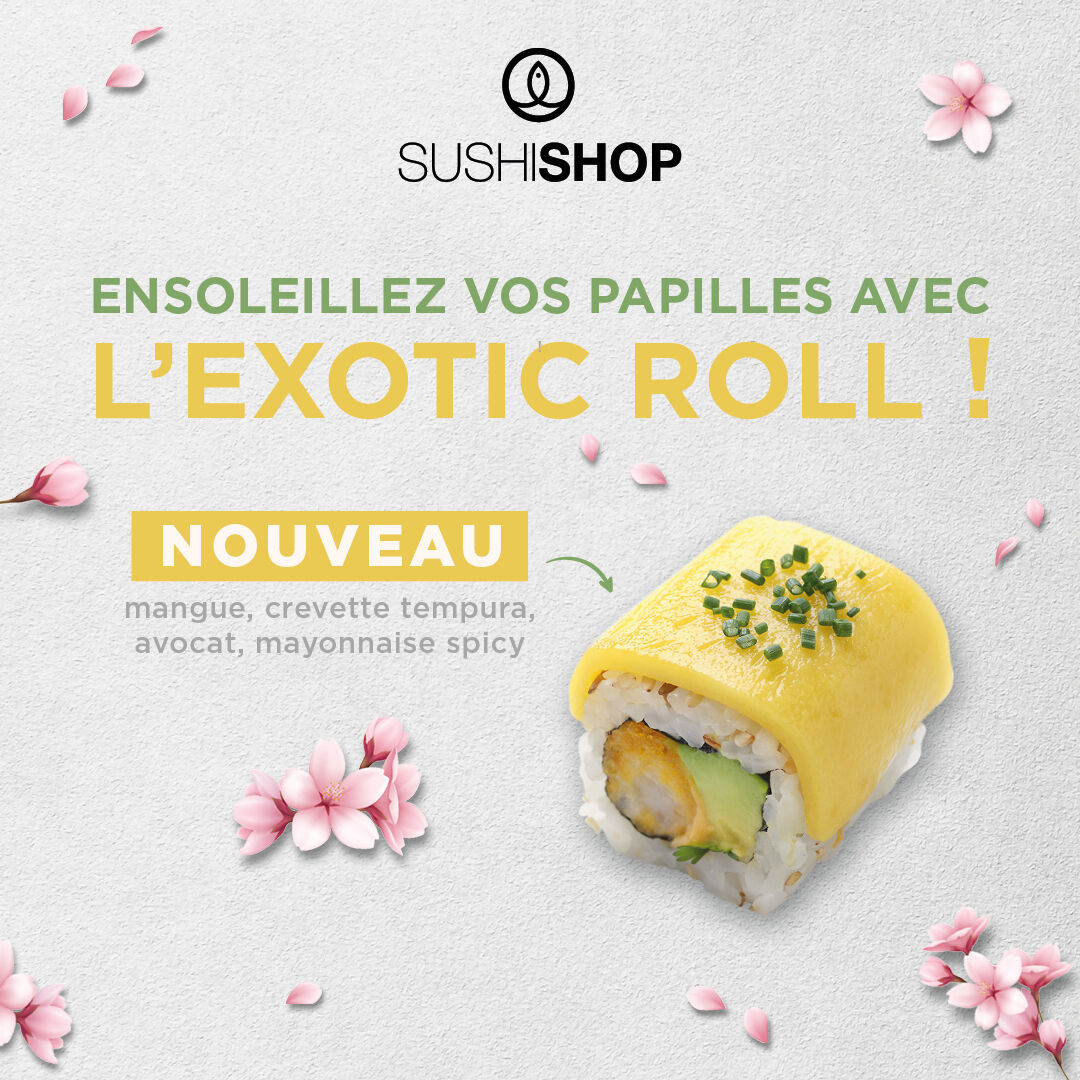 Ensoleillez vos papilles avec The Exotic Roll à retrouver dans vos corners ! ☀️ 
Au menu, une crevette tempura et de la mangue fondante, le tout légèrement relevé de mayonnaise spicy ! 🔥 #SushiShop

Pour trouver un Corner près de chez vous 👉 bit.ly/3jAFIgk