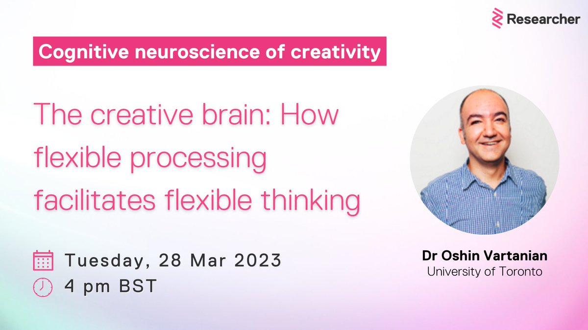 ResearcherApp's tweet photo. Are you interested in the #science behind #creativity?
Join Dr Oshin Vartanian, @UofT, to explore the dynamic interplay between #brain systems that support associative and controlled processes.
Register now!
https://t.co/JxLC69TU1i
#neuroscience #ResearcherLive https://t.co/Yk8kDSjoqs