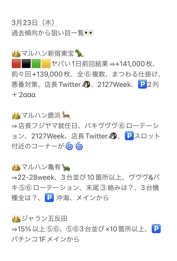 3月23日(木)
明日行くならココが1番🎉
✅マルハン亀有🐢
🗝攻略の鍵
🔥22-28week
🔥③台並び複数×毎回10箇所以上
🌈メインから複数
🌈バラ&スマスロにも
🌈末尾③絡みも?
🌈3台機種全台系は?
🌈ヴヴヴ&バキ⑤⑥ローテーション
🅿️ 沖海、メイン
#マルハン亀有