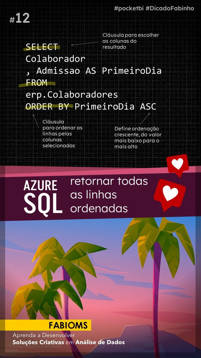 fabioms_br's tweet image. Retornar todas as linhas ordenadas no Azure SQL/SQL Server

😉 Gostou do conteúdo? Inscreva-se também no canal:
fabioms.com.br/?url=youtube-s…

#microsoft #dataplataform #dataanalyst #sqlserver #azure #sql #database #pocketbi #dailypost #DicaDoFabinho