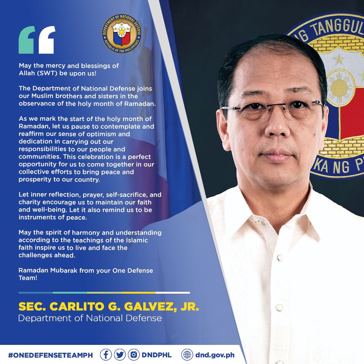 dndphl's tweet photo. Message of the OIC, DND in the observance of the holy month of Ramadan
#OneDefenseTeamPH🇵🇭 https://t.co/byFequXwDV