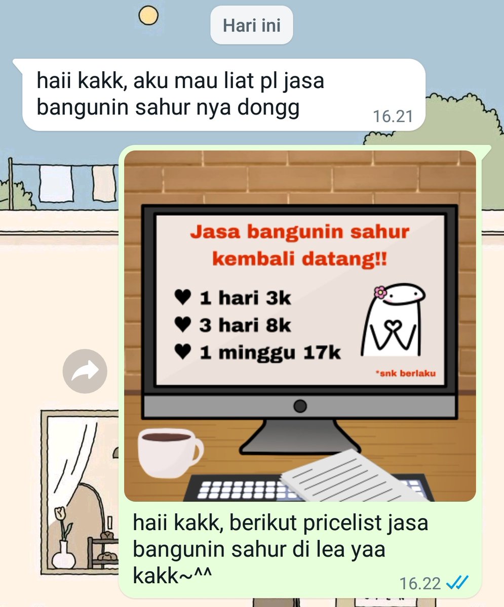 leeyacake's tweet photo. haii, aku kembali lagi di bulan ramadhan tahun ini!! 🙌✨
kakak kakak yang butuh jasa untuk bangunin sahur bisa order di lea yaaa^^~

berikut pl dan snk nya. mau tanya tanya dulu juga boleh by WA yaa. timakacii🙆💗
WA https://t.co/bHq8gxBGGc

#zonajajan #zonaba #zonauang https://t.co/i0W1T2AMBQ