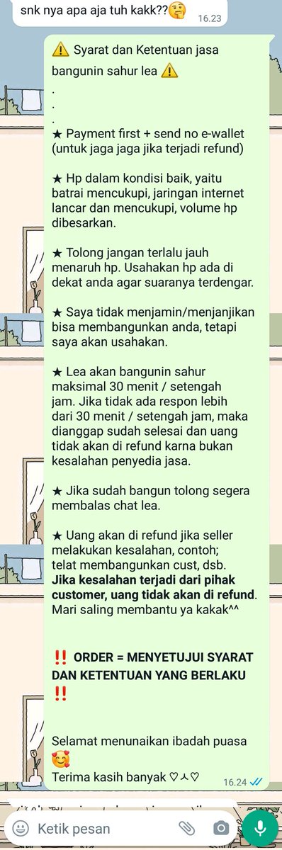 haii, aku kembali lagi di bulan ramadhan tahun ini!! 🙌✨
kakak kakak yang butuh jasa untuk bangunin sahur bisa order di lea yaaa^^~

berikut pl dan snk nya. mau tanya tanya dulu juga boleh by WA yaa. timakacii🙆💗
WA wa.me/+6285697025029

#zonajajan #zonaba #zonauang