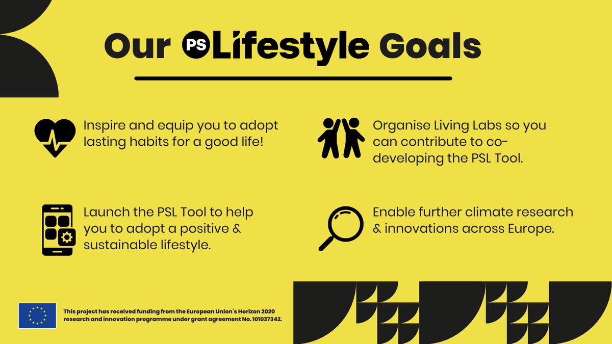 In light of our final Living Labs & the coming launch of the PSL Tool⬇️
We at #PSLifestyleEU aim to: 
💚Inspire #GoodLives
🧑🏽‍🤝‍🧑🏽Include your voice in the PSL Tool
📱Launch the PSL Tool to support #SustainableLifestyles
🌍Promote future #ClimateActions 

🔗pslifestyle.eu