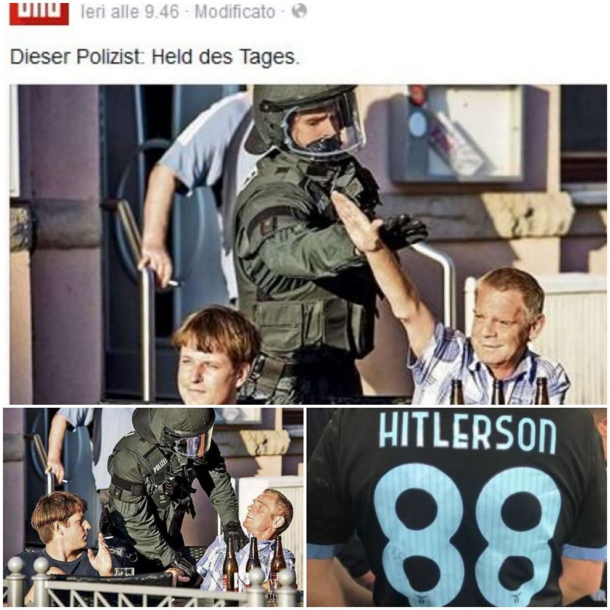 Apndp's tweet photo. Sicchè #Hitlerson il tifoso #lazio sarebbe tedesco
Pure immortalato mentre fa il saluto romanonazista
Qui da noi, #Italia
Perché da loro, in #Germania,dove sono persone serie e le leggi non le ignorano nè le aggirano, gli avrebbero cioncato il braccino (foto vecchia ma dà l'idea) https://t.co/67PVN55kZc