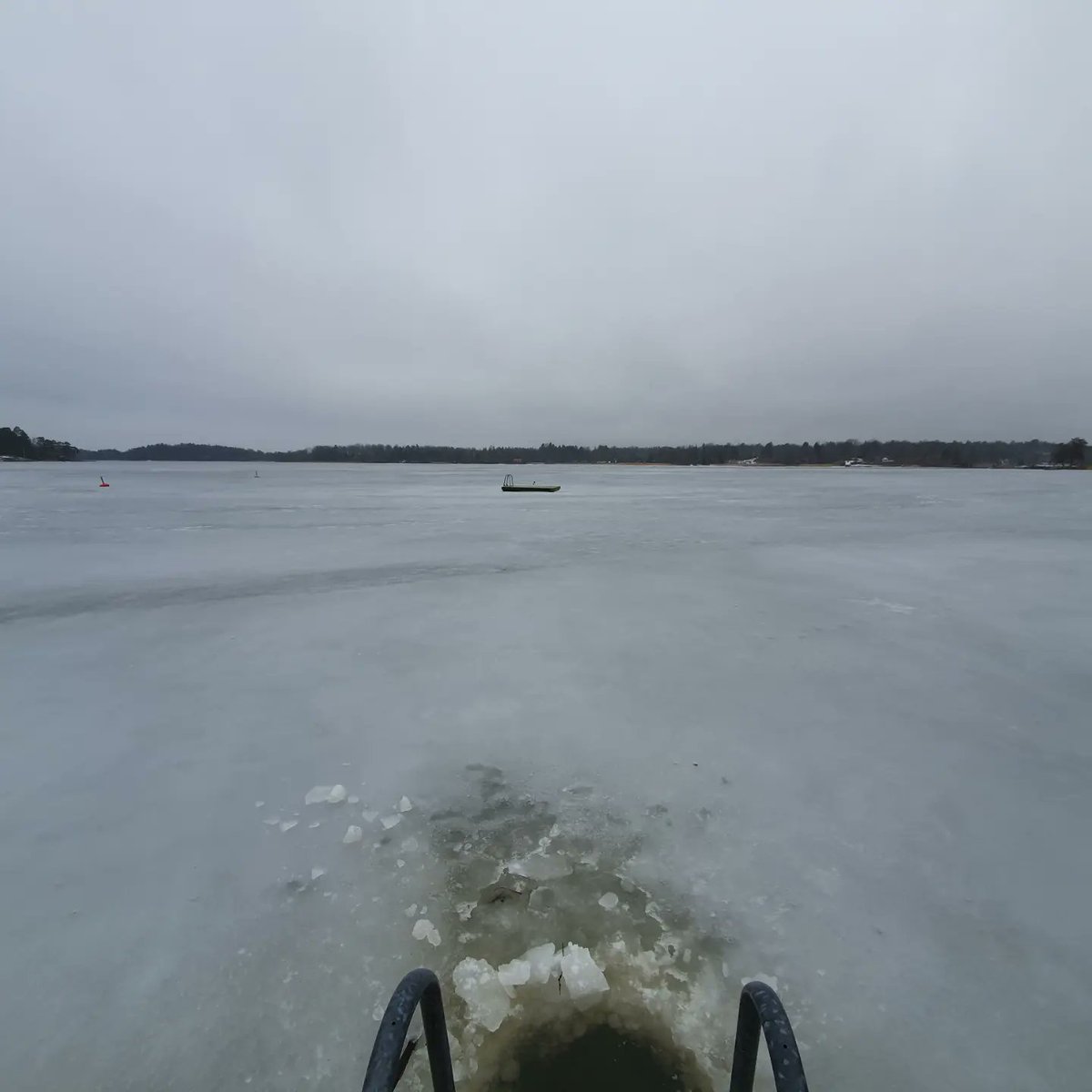 NilsMatsson's tweet image. En grå dag, litet regn har kommit och mer väntas, lätt sv vind. Mest snömos i badvaken. Isen ligger fortfarande. 0.6 grader i vattnet och 7 grader i luften, max 7 grader och min 3 grader. Ett dopp i vaken. #badavarjedag