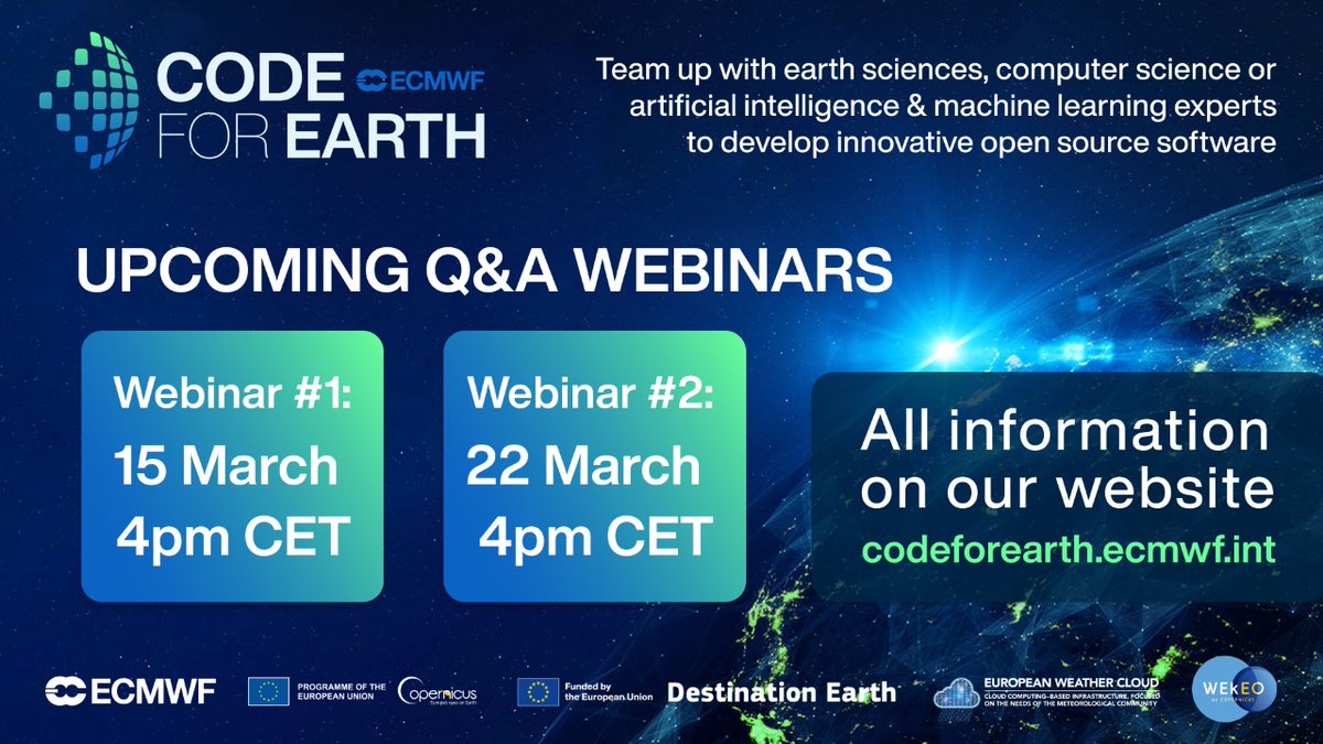 📢 Don't miss our second Q&A #webinar today at 4 pm (CET) and learn ✳️About #Code4Earth 2023 ✳️Previous participants' experience ✳️How to write a successful proposal Plus ask ❓❓❓ Registration required👉codeforearth.ecmwf.int @ECMWF @CopernicusECMWF