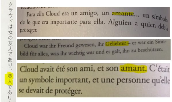 clerithBot's tweet image. All the instances Cloud and Aerith were described as lovers through novels.

Japanese:「恋人」 
Spanish: ‘amante’ 
German: ‘Geliebter’ 
French: ‘amant’
#Clerith