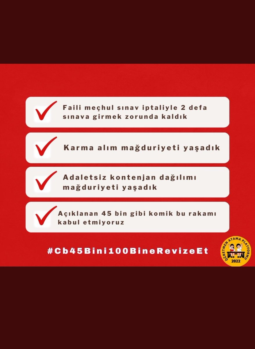 Sınav iptali
5 Oturum
6 ay bekleme
Sürekli müsterih olun denilsin 
Gelen sayı 45 bin 

45 bini kabul etmiyoruz. Biz bu kadar ay bunun için mi mücadele ettik !
<a href="/prof_mahmutozer/">Mahmut Özer</a>
<a href="/tcbestepe/">T.C. Cumhurbaşkanlığı</a>
#Cb45BiniRevizeEt