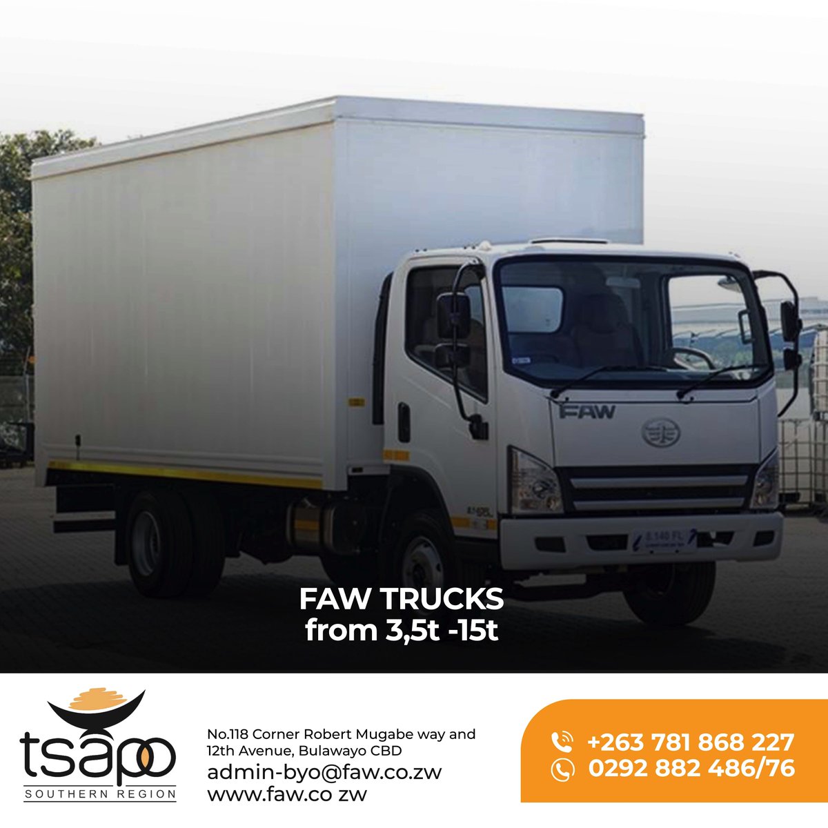 Available at our showroom are FAW boxed trucks from 3.5 to 15 tonne capacity.Get yours today !!!Call on +263 781 868 227 or +263 781 847 613 or visit us at No. 118 corner Robert Mugabe Way and 12th Avenue. Bulawayo CBD.
#FawTrucks #errands #delivery #deliverybusiness #Tsapo