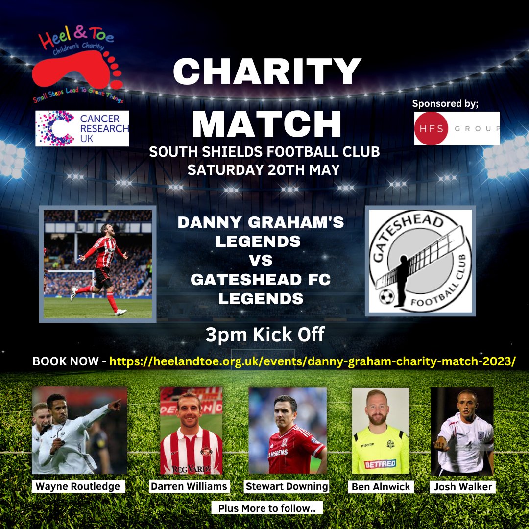EXCLUSIVE PLAYER ANNOUNCEMENT📢⚽️   
Danny Graham's Legends VS Gateshead FC Legends 
<a href="/SouthShieldsFC/">South Shields FC</a>
Book your tickets now - heelandtoe.org.uk/events/danny-g…… please share #dannygrahamcharitymatch <a href="/GatesheadChat/">Gateshead FC Chat</a> <a href="/GatesheadFCAcad/">Gateshead FC Academy</a> @GatesheadFCNews <a href="/GatesheadFCJuni/">Gateshead FC Juniors</a> <a href="/GatesheadFCBC/">Gateshead FC Business Club</a>