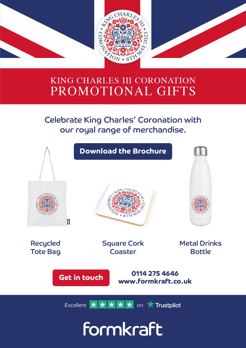 Formkraft's tweet photo. With just over a month to go, don't miss our royal range of #coronation merchandise. Get in touch with your Account Manager for further details!

Download the brochure here: https://t.co/L9eVPEYnOV

#kingcharles
#kingscoronation

https://t.co/Ck351tihwe https://t.co/Vc847f3ioS
