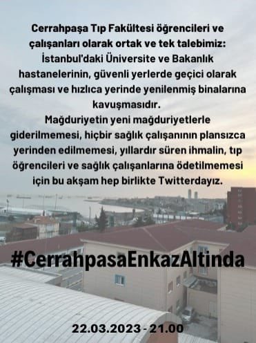 CTFdeprem's tweet photo. Cerrahpaşa Tıp Fakültesi öğrencileri ve çalışanları olarak ortak ve tek talebimiz: İstanbul'daki Üniversite ve Bakanlık hastanelerinin, güvenli yerlerde geçici olarak çalışması ve hızlıca yerinde yenilenmiş binalarına kavuşmasıdır. https://t.co/9CXIoBoPrI