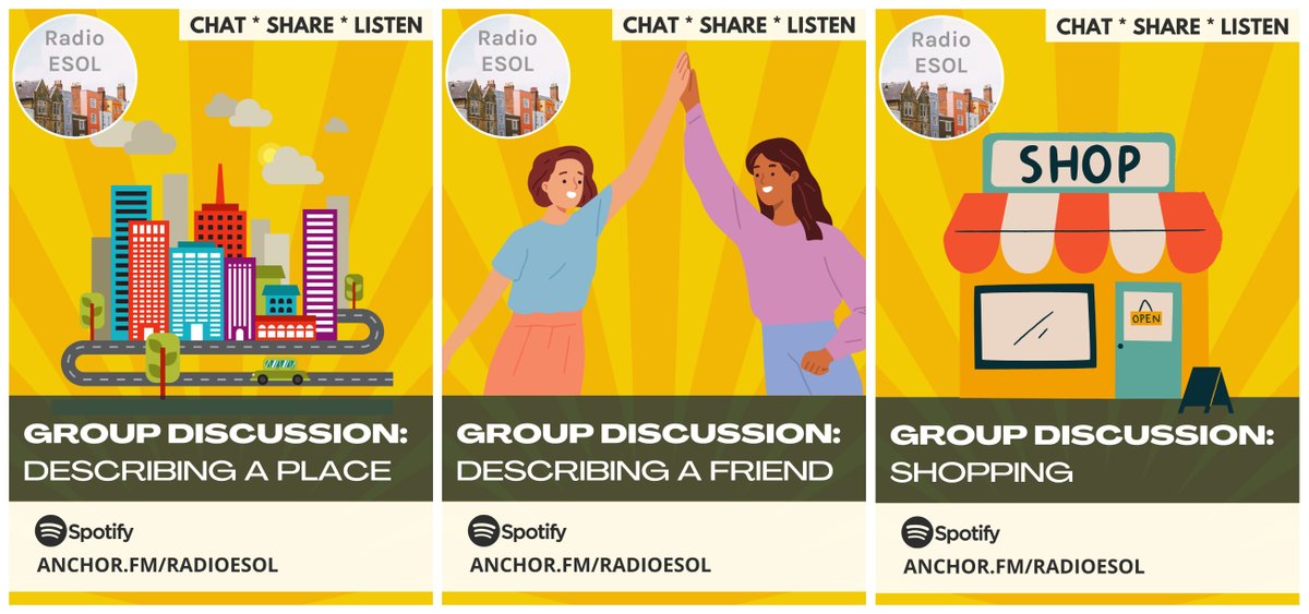 EnfieldCentre's tweet photo. We have a special triple release this week on #RadioESOL to help prepare for exams @EnfieldCentre @leedscitycoll, group discussions on various topics #Entry1 #ESOL #listeningresource - out now! 📻https://t.co/sNUSBhGMnQ https://t.co/FV91CvamTT