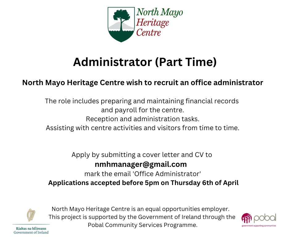 MayoAncestors's tweet photo. *** WE ARE HIRING ***
#MAYO #jobsearch #wildatlanticwaymayo #crossmolina #Ballina2023 #northmayo #jobwaves #movewest #irelandjobs #officejobs #parttimejob https://t.co/deQhqQY21w
