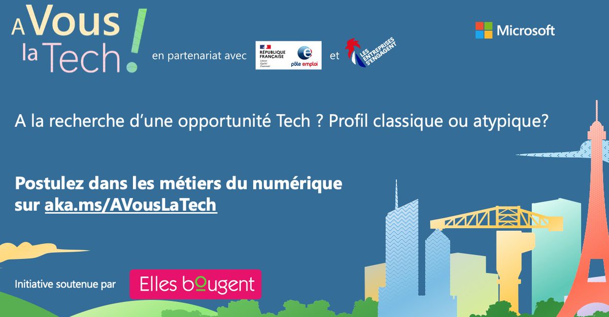 ✨ Vous êtes passionné.e par l'impact que peut avoir le numérique ? Vous êtes à la recherche d'une opportunité pour finaliser votre formation, démarrer votre carrière, vous reconvertir ?
Rendez-vous sur aka.ms/AVousLaTech 
<a href="/microsoftfrance/">Microsoft France</a>  <a href="/Carlier_Celine/">Cey</a>