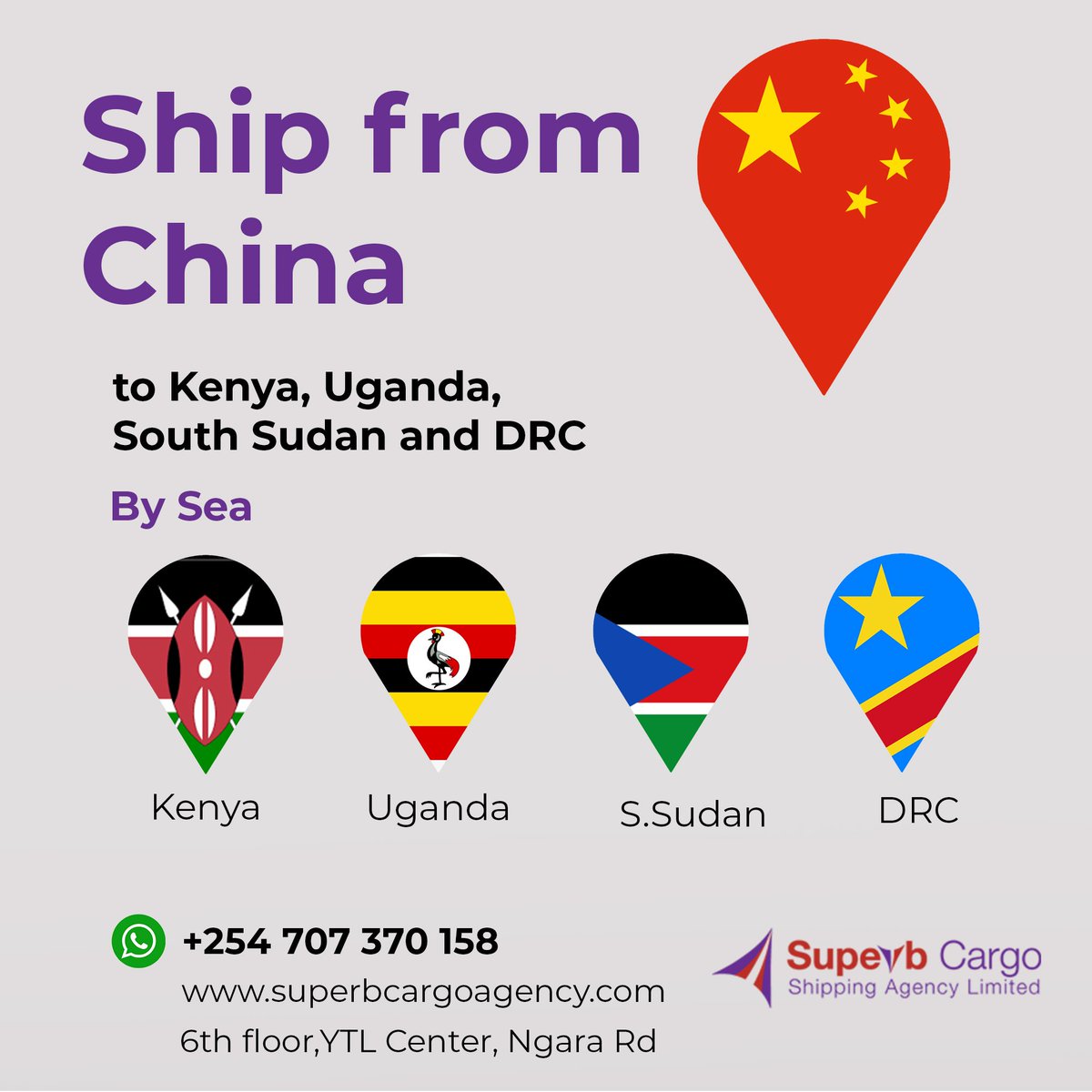 Ship with us and experience the benefit! Please don't hesitate to contact us for any inquiry. #shiptokenya# #shipfromchina# #shipwithsuperb#
Our email address: info@superbcargoagency.com