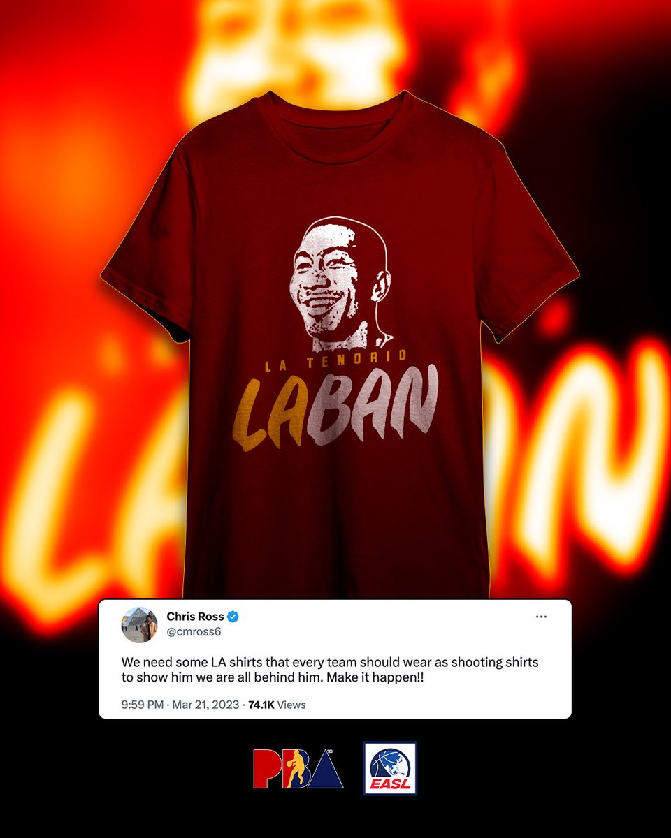 EASLofficial's tweet photo. PBA BROTHERHOOD 🤝

We heard San Miguel Beermen’s @cmross6 wanted a tee design in honor of @LA_Tenorio of Barangay Ginebra. 👀 Thoughts on this? 💭 

#EASL #TerrificTogether #BarangayGinebra https://t.co/enBs9UBdCb