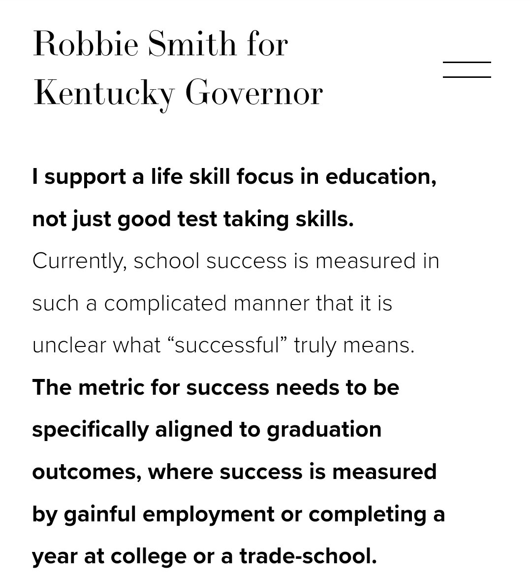 Success in education means success for the students in life, so let's use that metric for schools.

rsmith4gov.com