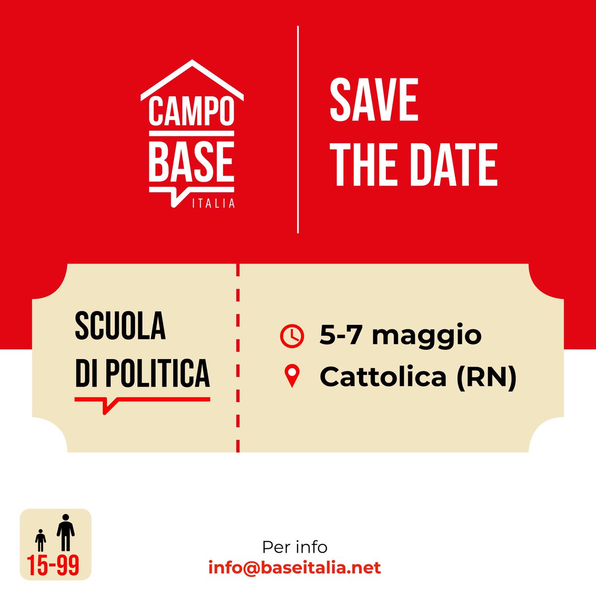 baseitaliaweb's tweet photo. 🚨 Sono aperte le iscrizioni alla nostra #scuola di #politica intergenerazionale e permanente #campobase dal 5-7 Maggio a Cattolica.
Iscriviti qui ➡️ https://t.co/enicFgAxnr
O visita il sito https://t.co/2pvoGhQApM
Hai meno di 30 anni? Potresti partecipare gratuitamente https://t.co/dFDrsDAGli