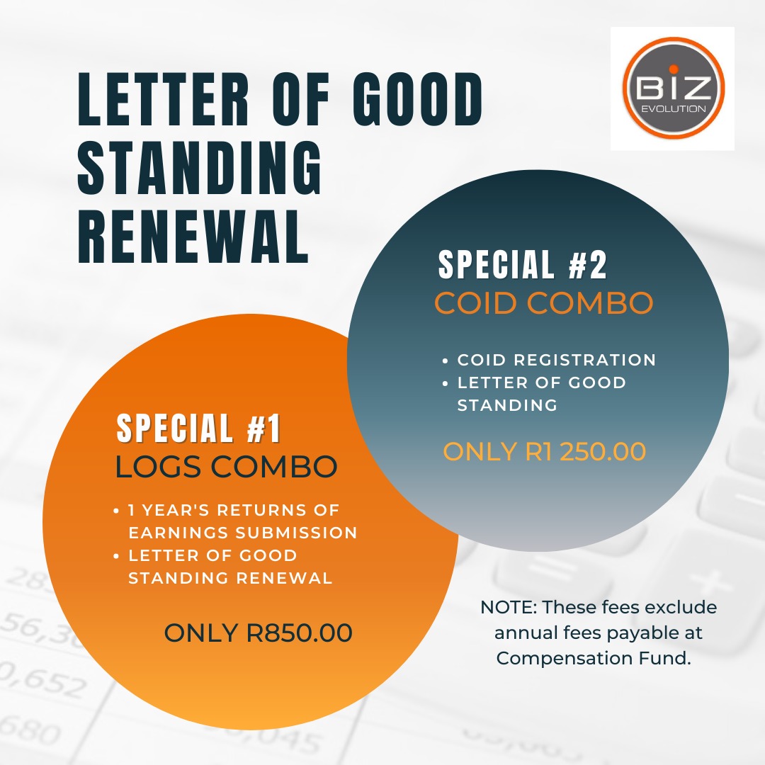 BizEvolutionSA's tweet photo. 2022 Return of Earnings (RoE) submission is opening on the 1st of Apr, all Letter of Good Standings (LOGS) must be renewed before the 30th of Apr 2023.
We have specials ๐ because we would love to help you... ๐ฅ
#accountant #taxpractitioner #payroll #special #smallbusiness https://t.co/DHjxUIXpWe