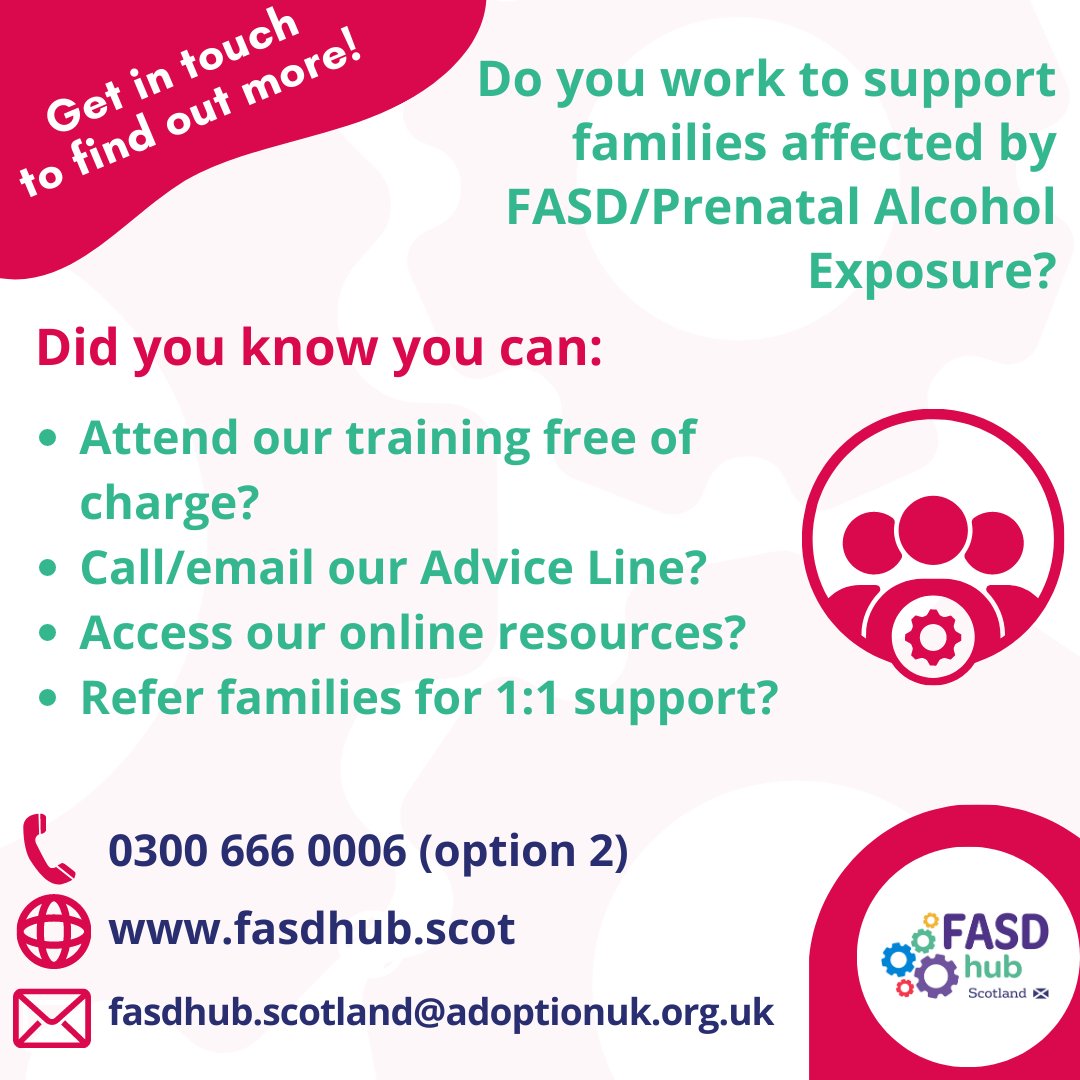 FasdhubScotland's tweet image. Do you work with families who care for children/young people who may have been prenatally alcohol exposed (PAE)?  We provide a range of services to families and those who support them.  To find out more, get in touch with our #FASD advisors. #FASDWorkingTogether