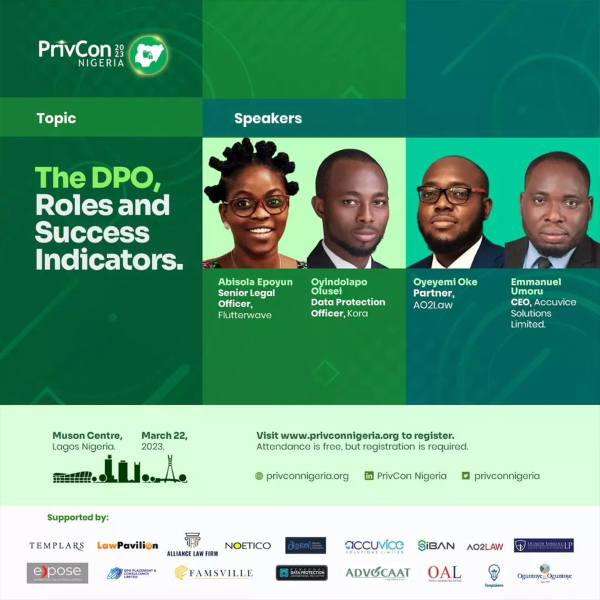 AO2LAW's tweet image. Our Partner Oyeyemi Oke will be speaking today at PrivCon 2023 Nigeria.
Topic: The DPO, Roles and Success Indicators
Register 🔗: privconnigeria.org
Free attendance but registration is required
#AO2LAW  #dataprotectionaudit  #PrivCon2023 #privacyconference #privconnigeria