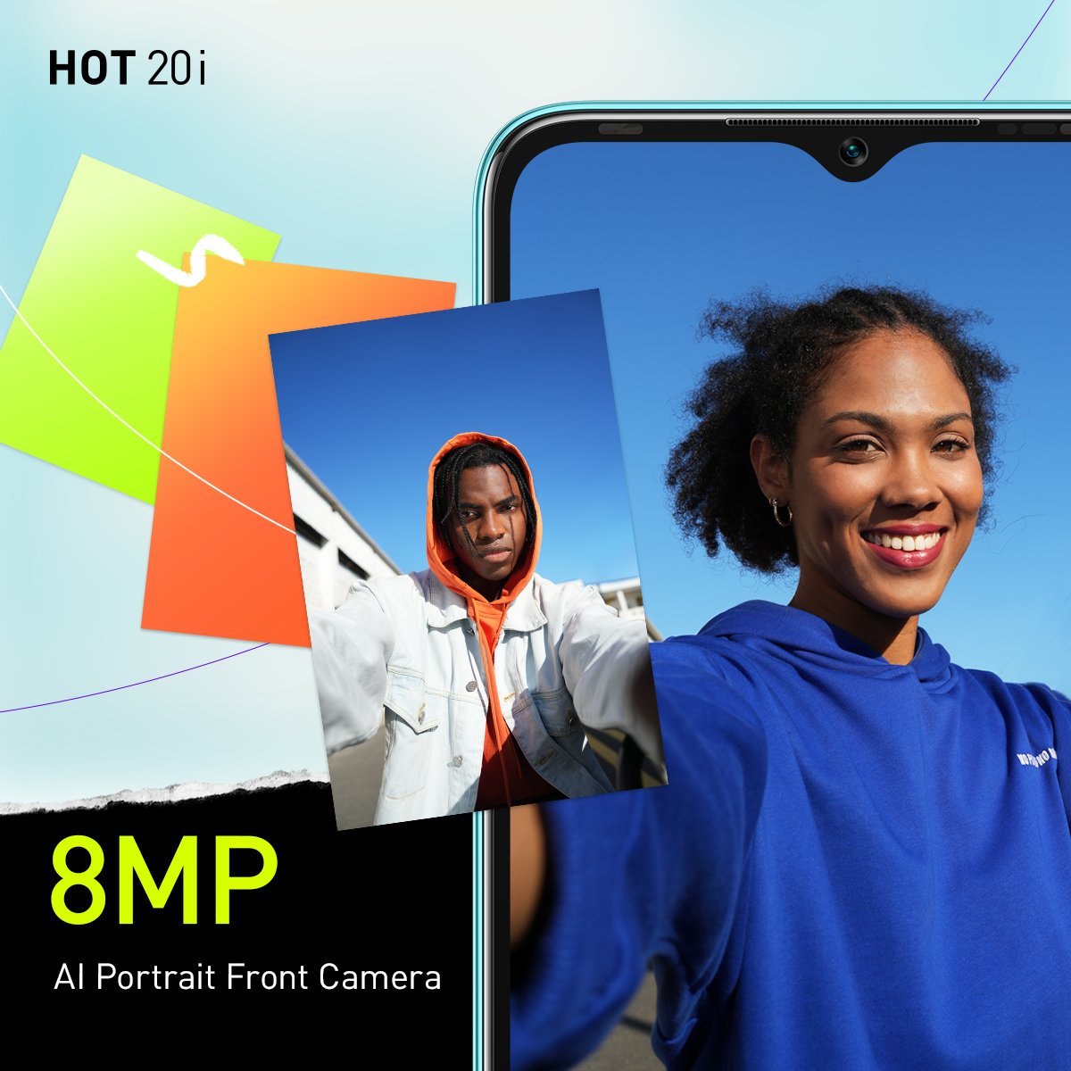 InfinixGhana's tweet photo. Experience cinematic-quality photos with the 8MP AI Portrait Front Camera, bringing clarity to your everyday life. #FastAndFunHot20i https://t.co/IPyZcMB1wX