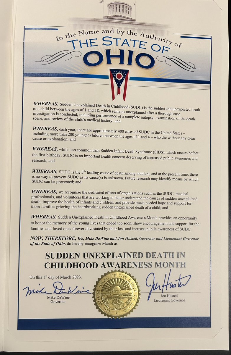 Thank you to Governor Mike DeWine and The State of Ohio for declaring March as SUDC Awareness Month.

#sudc #sudcawareness #forjj #forskylar #forlauren #forshayna #forfartoomanychildren

💙❤️🧡💛💚💙💜🖤💗🌈