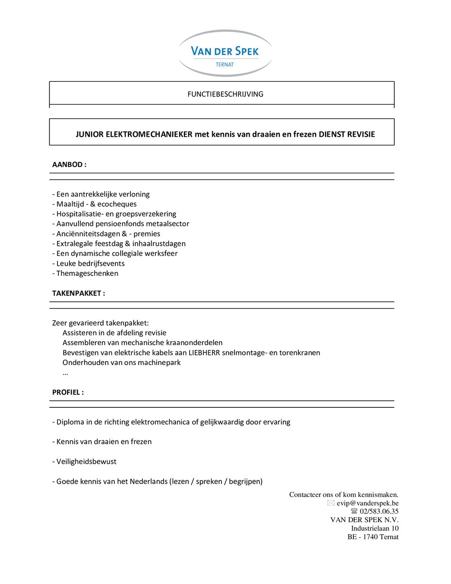 Van Der Spek is op zoek naar een junior elektromechanieker met kennis van draaien en frezen.
Solliciteren kan via onze website of door je CV te mailen naar evip@vanderspek.be