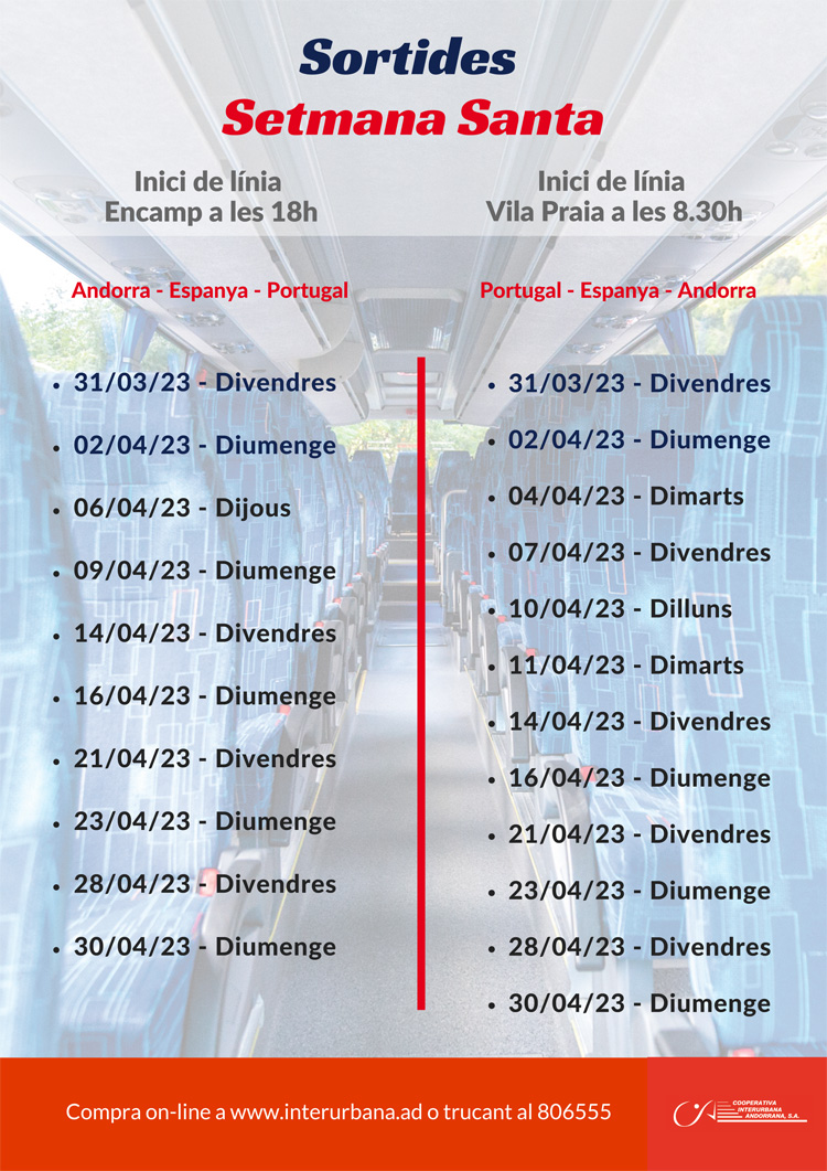 Recordeu que per Setmana Santa fem sortides especials de bus entre Andorra Espanya i Portugal. Consulta'ls i compra el teu bitllet a interurbana.ad. #SetmanaSanta