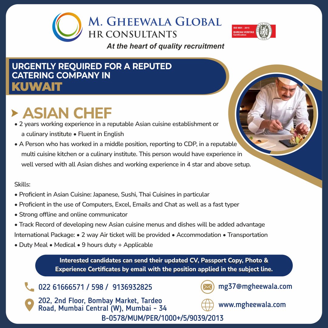 mgheewala_hrc's tweet photo. Job Vacancies for #Kuwait
Interested Candidates can send the updated resume to mg37@mgheewala.com
Learn More https://t.co/Ps4bxv1OLt
Telegram Channel for job updates : https://t.co/831AMM3eDm
#overseasrecruitment #resume #jobvacancies #kuwait #chef #asianchef #jobsinkuwait https://t.co/ri9iBCz11y