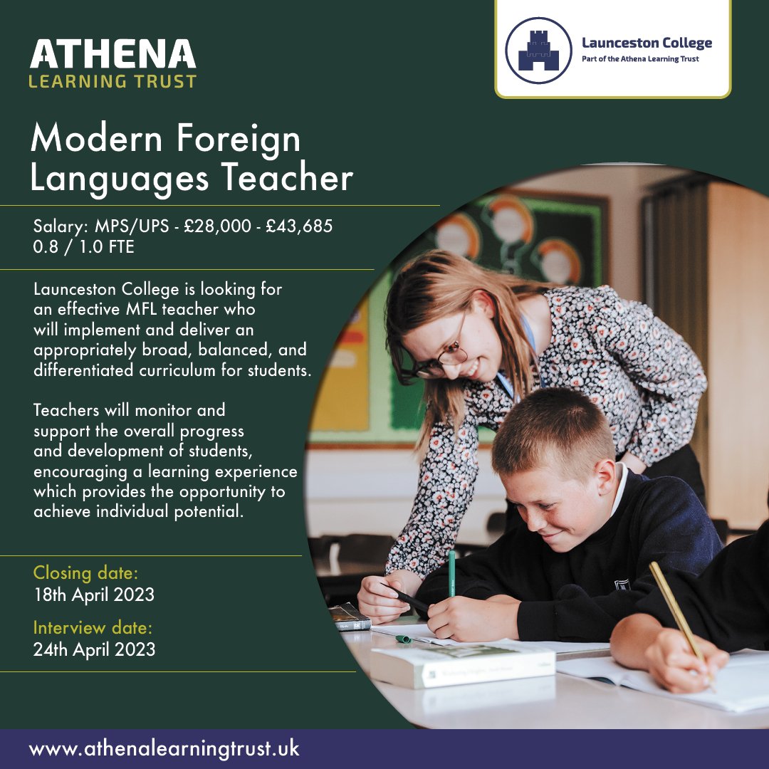 Are you a MFL teacher looking for a new opportunity in stunning #Cornwall? This great role at Launceston College is waiting!
Closing date: 18th April ⁠
⁠
#Recruitment #EduJobs #AthenaLearningTrust #Education #SouthWestSchools #CornwallSchools #MFLTeacher #ModernForeignLanguages