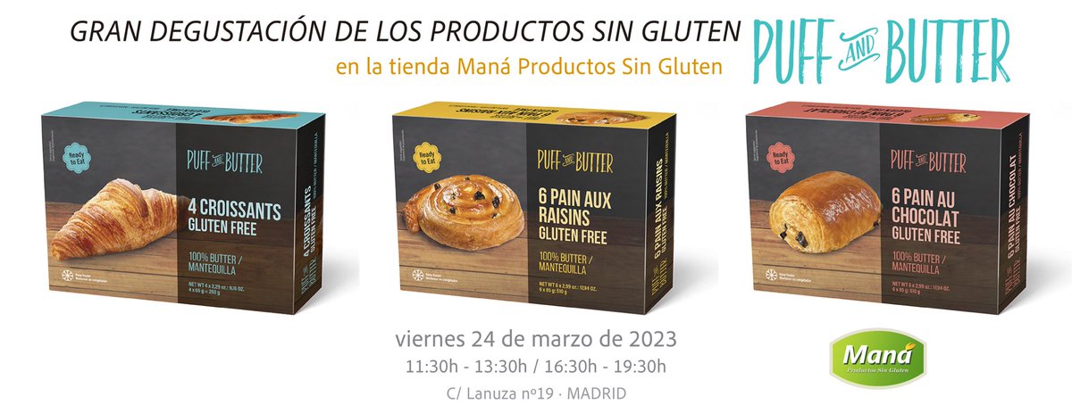 SDCsingluten's tweet photo. Este #viernes 24 de #marzo no te pierdas la #degustación gratuita de los productos #singluten Puff anf Butter en la #tienda @ManaSinGluten De 11:30h. a 13.30h. y de 16:30h. a 19.30h. @puffanndbutter #celiacos #glutenfree #reposteríasingluten https://t.co/N8ploHLK2h