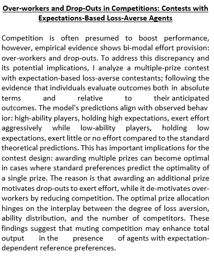 TiUEconomics's tweet photo. Ayse Mermer will lead today's #Wednesdayworkshop! She will present her paper "Over-workers and Drop-Outs in Competitions: Contests with Expectations-Based Loss-Averse Agents" https://t.co/ql5FT27s3b #Overworkers #DropOuts #Competitions #Contests #ExpectationsBased #evidence https://t.co/WIpydvXted