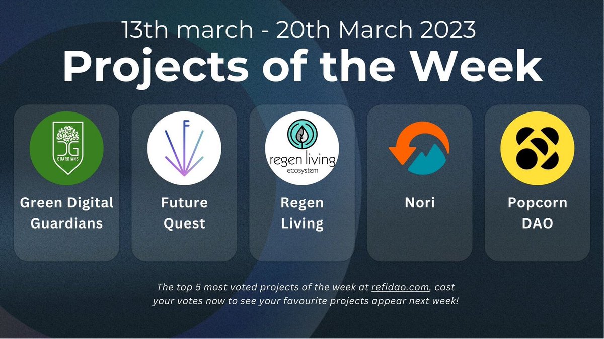 raamcc's tweet photo. Top 5 most-voted projects of the week at https://t.co/9l6p8r2fzZ: 🗳

@dg_guardians @FutureQuestDAO @RegenLiving @nori @Popcorn_DAO

/8 https://t.co/MapA6UAahb
