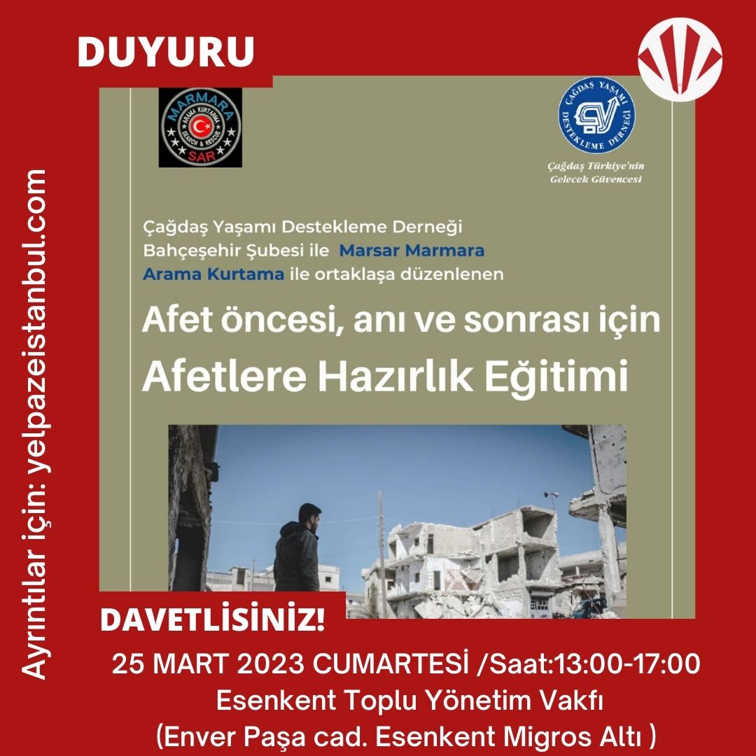 Afet öncesi, anı ve sonrası için "Afetlere Hazırlık Eğitimi"

#cydd #cyddbahcesehir #afet #deprem #egitim #marsar #bahcesehir #esenkent #ispartakule #bahcekent