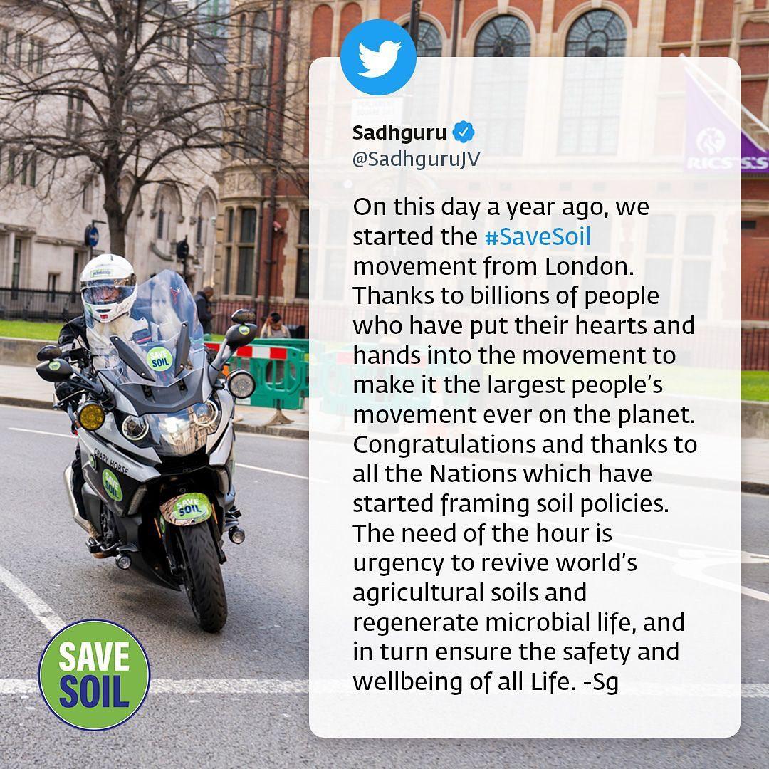 BALRAMBeniwal9's tweet photo. One year since Sadhguru embarked on the 100-day, 30,000-km journey to #SaveSoil, the movement has changed the way Soil is approached globally and is set to redouble its efforts to support nations in framing comprehensive soil policies. https://t.co/90A5v2NDty https://t.co/tAGUt7cd6O